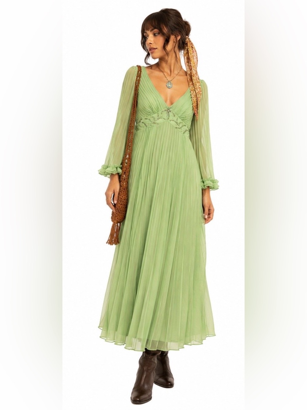 Vintage 70s Green Pleated Maxi Dress XS Hippie Boho Prairie
